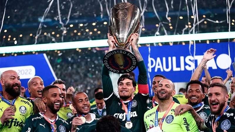 Jogadores do Palmeiras comemoram conquista do Campeonato Paulista 2022 sobre as TRIKAS, no Allianz Parque.
