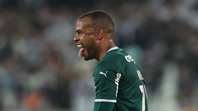 Mayke comemora seu gol pelo Palmeiras contra o Botafogo, durante partida válida pela vigésima nona rodada, do Brasileirão 2022, no Engenhão.