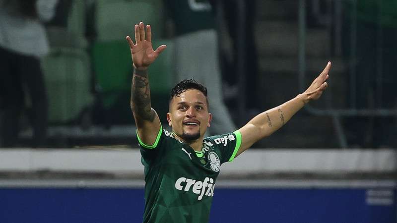 Artur comemora seu gol pelo Palmeiras contra o Barcelona-EQU, durante partida válida pela fase de grupos da Libertadores 2023, no Allianz Parque.