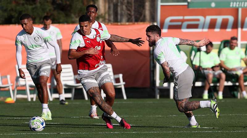 Naves e Zé Rafael durante treinamento do Palmeiras, na Academia de Futebol.