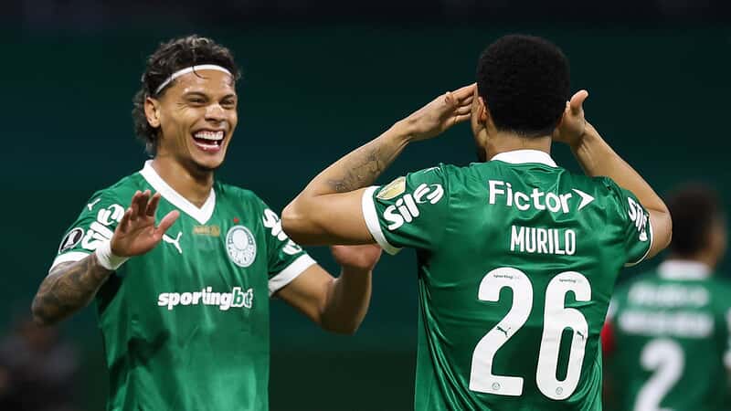 O jogador Murilo, da SE Palmeiras, comemora seu gol contra a equipe do C Bolívar, durante partida válida pela fase de grupos, da Copa Libertadores, na arena Allianz Parque.