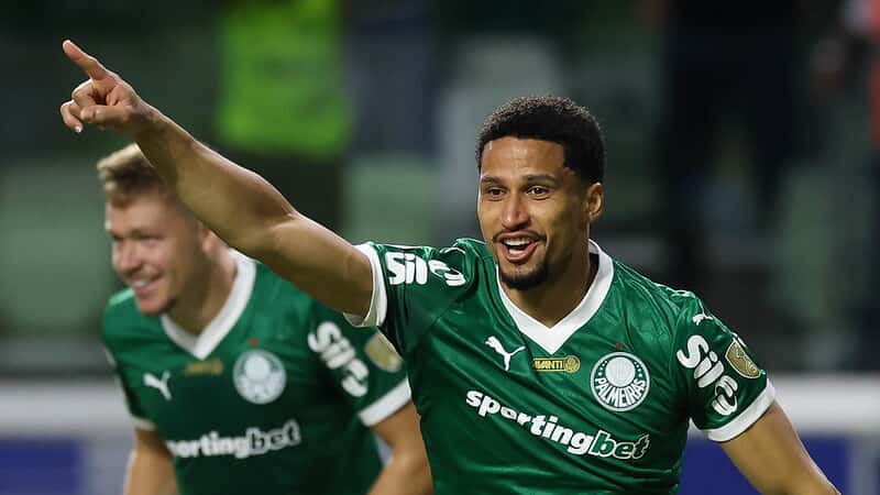 O jogador Murilo, da SE Palmeiras, comemora seu gol contra a equipe do C Bolívar, durante partida válida pela fase de grupos, da Copa Libertadores, na arena Allianz Parque.